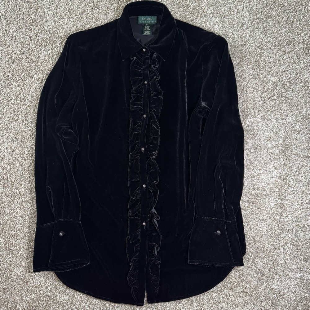 Lauren Ralph Lauren Womens Size M Black Velvet Ruffle Button Down‎ Blouse